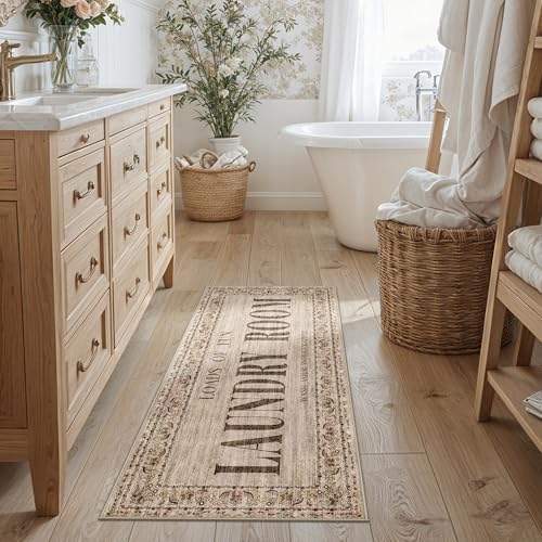 RUUGME 20x48 Laundry Room Rug Runner - Non Slip Washable Carpet for Mudroom Washroom Soft Stain Resistant Carpets Durable Low Pile Farmhouse Decor Floor Mat for Bathroom 20"x48" Natural Wood Brown by RUUGME