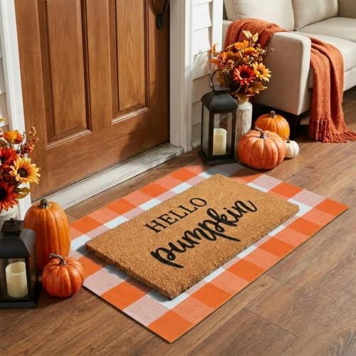 Fall Decor Door Mat Combo Set, 100% Coco Coir Welcome Mat + 28 x 43 Inches Orange and White Plaid Rug - Fall Thanksgiving Front Porch Entryway Floor Doormat, Indoor Outdoors Autumn Mats Hello Pumpkin - Image 3