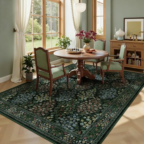 5x7 Area Rugs, Vintage Washable Rug for Bedroom, Indoor Non-Slip Rugs for Living Room, Dining Room, Low Pile Floral Rug(Dark Green Floral) - Image 4