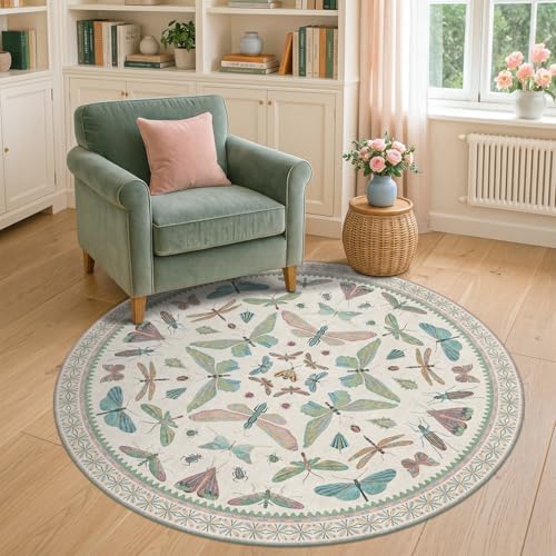 Insect Light Green 5ft Round Area Rug for Living Room - Washable Floral Fun Kids Rugs for Bedroom, Playroom, Boho & Butterfly Design - Low Pile Soft Circle Carpet by HazoHaus