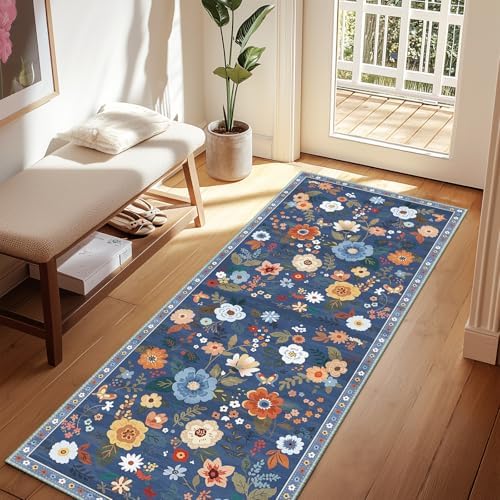 Floral Washable 2x6 Area Rugs Runner Entryway Hallway Blue/Grey by RELEANY