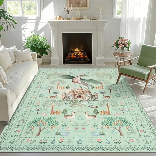 nesrt Washable Area Rugs 6x9ft for Living Room Bedroom, Green Animal Printed Dragon Rugs, Soft Large Botanical Forest Nursey Playroom Floor Carpets for Dining Room Farmhouse Home Office Holiday Decor by nesrt