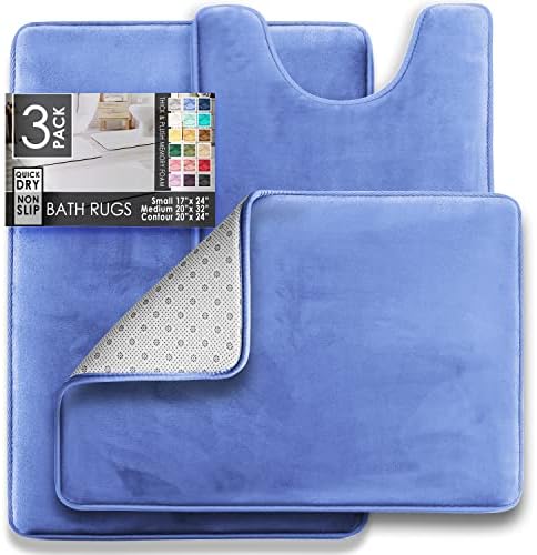 Clara Clark 3 Piece Bathroom Rugs Bath Mat Set, Velvet Memory Foam Bath Mats for Bathroom - Non-Slip, PVC Backing Bath Rugs, Washable - Dries Quickly, Blue - Image 2