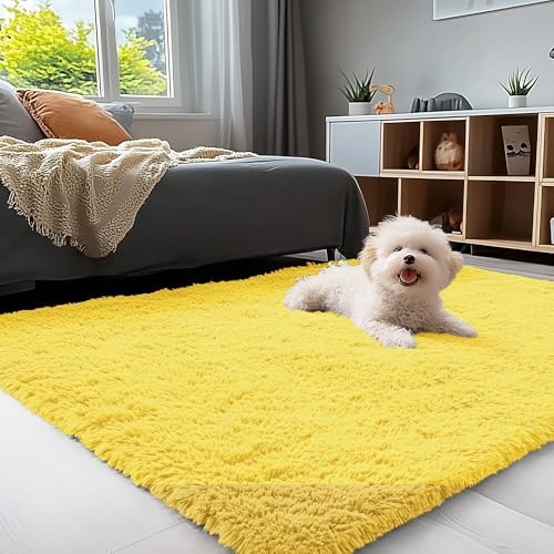 OLANLY 3x5 Machine Washable Small Bedside Rug, Soft Fluffy Shaggy Rugs for Living Room, Bedroom, Indoor Floor Carpet for Kids Girls and Boys, Preppy Dorms, Nursery, Home Decor Aesthetic, Yellow by OLANLY