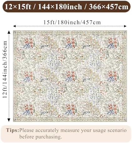 Large Washable Area Rug 12x15: Vintage Floral Distressed Botanical Rug - Machine Washable Non Slip Low Pile Soft Foldable Carpet - Great Room Open Concept Family Room Luxury Indoor Rug - 12'x15' Beige - Image 2