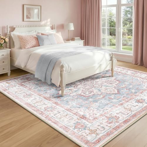 CAPALOCA Square 8ft Washable Nursery Girls Low Pile Area Rug Pink Blue - Image 3