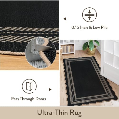 LIVEBOX Scalloped Washable 3x5 Outdoor Rug, Black Easy Jute Rug for Entryway Kitchen, Indoor Non Slip Patio Rugs Farmhouse Neutral Carpet for Bedroom Living Room Backyard Front Door Mat Porch Decor - Image 6