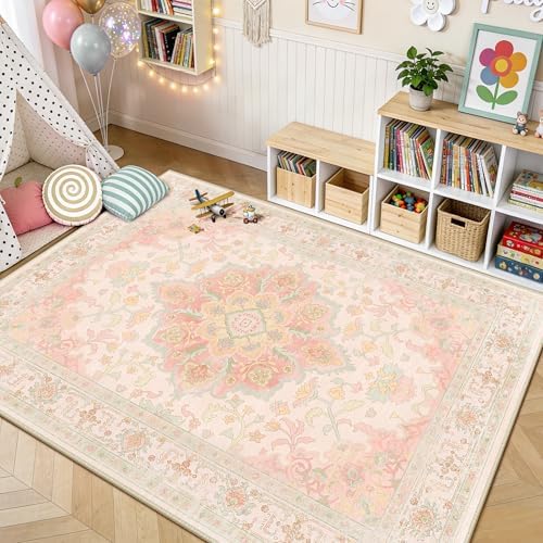 CAPALOCA 6x9 Washable Nursery Girls Low Pile Area Rug Pink Green - Image 3