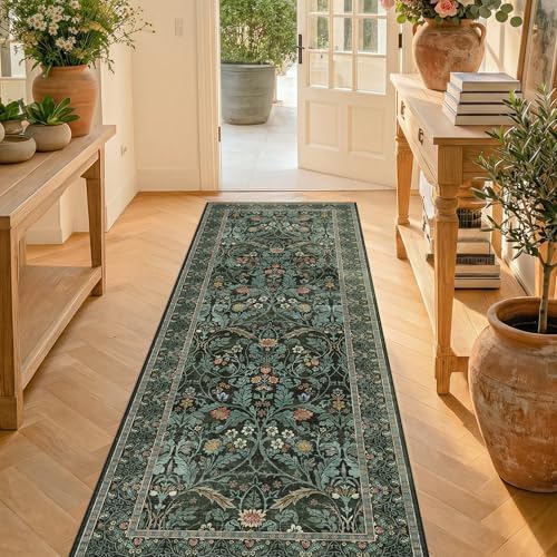 2x5 Runner Rug Non Slip Washable - Small Bathroom Runner Rug Non Slip, Dark Green Floral Pattern Soft Carpet Runner for Entryway Kitchen Bedroom Bedside, Waterproof Mats for Laundry (Olive Green) - Image 3