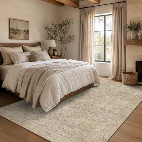 5x7 Washable Boho Area Rug, Non-Slip Dark Beige Bedroom Soft Carpet - Image 3