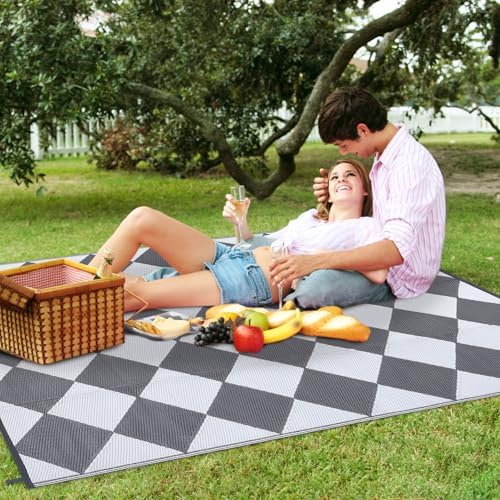 GAOMON 9x18 Plastic Straw Rug Outdoor Rugs for Patio Waterproof Reversible Mat Modern Bordered Camping Rug for Porch RV Backyard Pool Deck Picnic Beach Trailer Trellis-Grey/White - Image 2