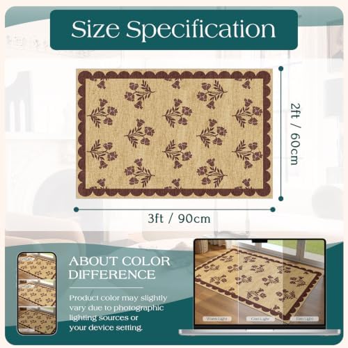 Front Door Mat Outside Entrance - 2x3 Floral Non-Slip Washable Doormat Indoor Outdoor Mat Jute-Look Farmhouse Burgundy Scalloped Entry Rug Small Throw Rugs for Entryway Front Porch Decor - Image 2