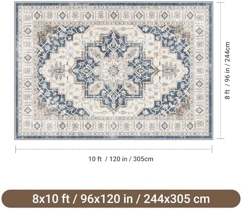 befbee 8x10 Area Rugs for Living Room, Washable Vintage Non Slip Rug Blue - Image 2