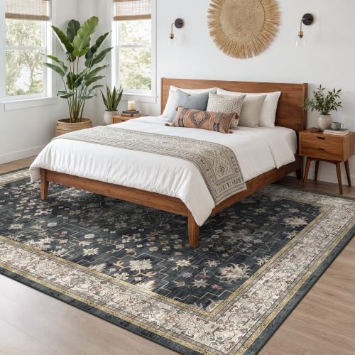 Black Boho Rug for Living Room 9x12 - Washable Dining Room Rugs for Under Table, Vintage Soft Low Pile Carpet for Bedroom, Non-Slip Farmhouse Bohemian Large Tumble Rug for High Traffic Area - Image 6