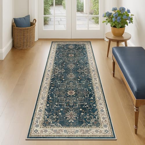 Farmhouse Entryway Rugs 2x6, Low Pile Kitchen Runners Washable Non Slip, Distressed Medallion Printed Carpet Runners for Hallway/Bathroom/Bedroom Bedside/Laundry Room, Deep Blue/Multi by Jainmy