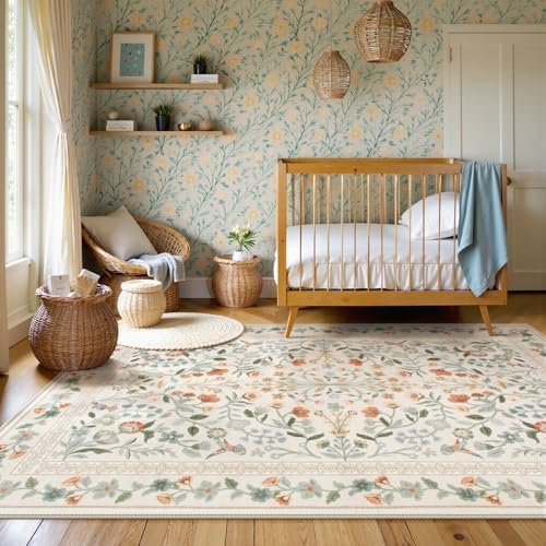 Lahome Beige Floral Washable Area Rug 8x10, Large Vintage Boho Carpet - Image 2