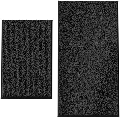 Bathroom Rugs Set 2 Piece Thick Chenille Kitchen Mats,Quick Dry Absorbent Bath Rugs With Non-Slip Pvc Backing,Bath Mats for Bathtub,Bedroom,Living room -Home Decor Large Rugs 47x24+32x20 Inch Black by RUNHELIX
