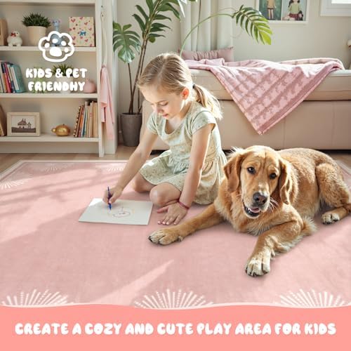 Hedlive Modern Pink 8x10 Rug for Living Room,Ultra Thin Washable Bedroom Rug 8x10 Under Bed, Non Slip Sun Print Large Rugs, Non Shedding Throw Carpet for Girls Room Nursery Dorm(8'x10',Pink) - Image 5