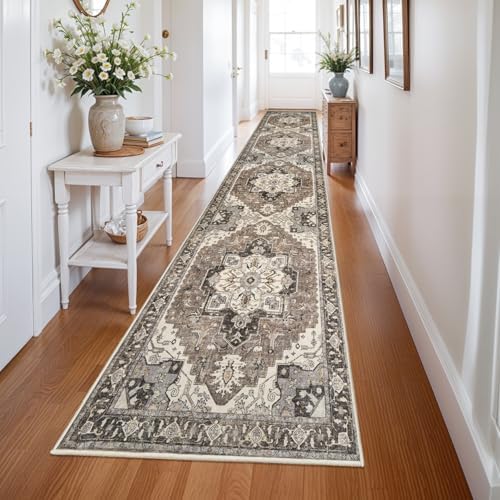 Washable Kitchen Runner Rug - 3x14 Hallway Rug Distressed Mats Non-Slip Soft Room Floor Carpet for Dining Room (Beige,3x14) - Image 2