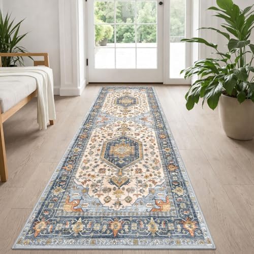 KUTA Vintage Washable Runner Rug, 2x5 Runners Ivory Blue 5ft Kitchen Rugs by KUTA