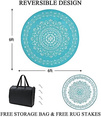 Pauwer Outdoor Rug 6ft, Waterproof Plastic Straw Camping Rug, Floral Teal - Image 2