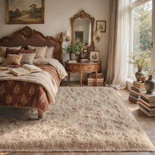 5x8 Living Room Rugs Fluffy Neutral Beige Area Rug,Modern Plush Non-Slip Soft Bedroom Shag Carpet for Book Room Office,Coffee Stain Resistant - Image 4