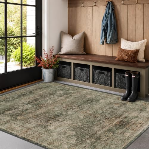 Vintage Moss Green 4x6 Area Rug for Entryway & Home Office, Washable Boho Dark Academia Distressed Geometric Floral Rug for Living Room, Non-Slip Low Pile Stain Resistant by Unknown