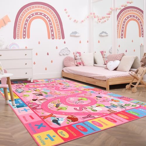 Terrug Education Kids Rug for Classroom, Washable ABC Play Rugs 4x6 Pink - Image 6