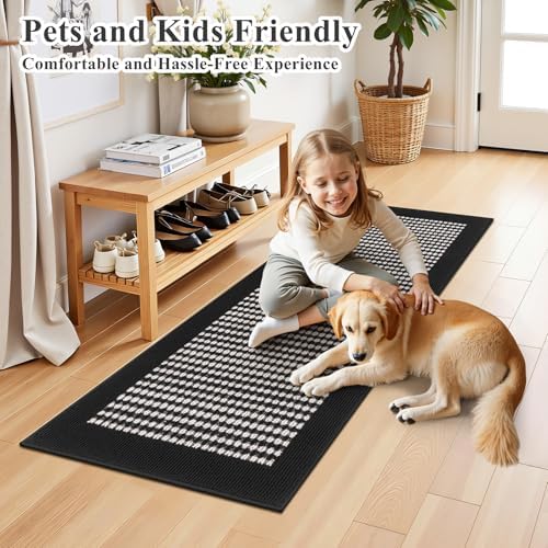 Ileading Laundry Room Runner Rug 2x5ft Non Slip Farmhouse Kitchen Floor Mats with Rubber Backing Machine Washable Indoor Doormat Low-Profile Carpet for Hallway Entryway(Black&White) - Image 2