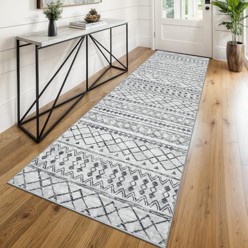 KUTA Moroccan Washable Runner Rug 2.6x8 Grey Boho Hallway Runners by KUTA