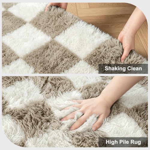 Checkered Area Rugs for Bedroom 5x8, Fluffy Beige and White Checkered Rug Fuzzy Shag Shaggy Carpets for Living Room, Soft Plush Furry Rug for Teen Room Dorm Home Decor - Image 4