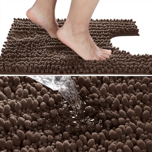 Yimobra Toilet Rug U Shaped Washable 24x24 Inch - Ultra Soft Absorbent Chenille Bath Rugs for Toilet, Quick Dry & Machine Washable, Non Slip Contour Bathroom Mat, Brown - Image 3