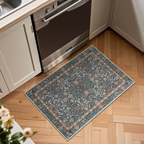 jinchan 2x3 Washable Entryway Area Rug, Floral Non-Slip, Dark Blue - Image 2