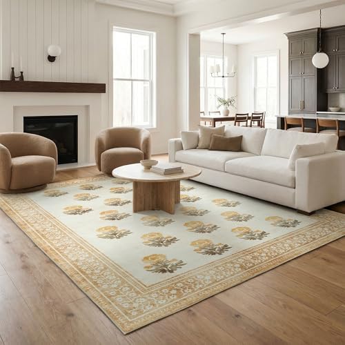 Washable Dining Room Rugs for Under Table - 6x9 Beige Brown Floral Area Rug for Living Room, Low Pile Non Slip Floor Carpet for Bedroom, Vintage Distressed Ultra Soft Stain Resistance by SparkleGaze