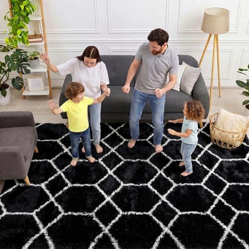 5x7 Area Rugs for Living Room Bedroom, Fluffy Black and White Geometric Rug - Image 3