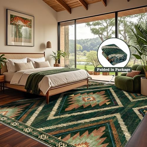 Boho Washable Area Rugs 8x10ft, Large Low Pile Living Room Area Rug Non Slip, Green Moroccan Bedroom Carpets, Non Shedding Soft Floor Carpet for Dining Room Nursery Home Office - Image 4