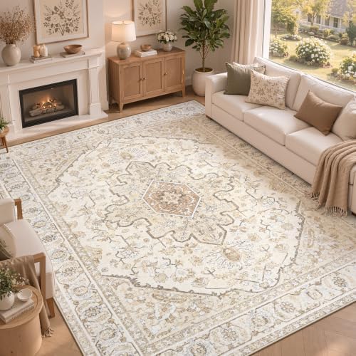 Area Rugs 8x10 Vintage Rug: Large Washable Living Room Rug Retro Medallion Distressed Soft Low Pile Non-Slip Indoor Floor Carpet for Bedroom Kitchen Nursery Dining Office (BeigeBrown, 8'x10') - Image 3