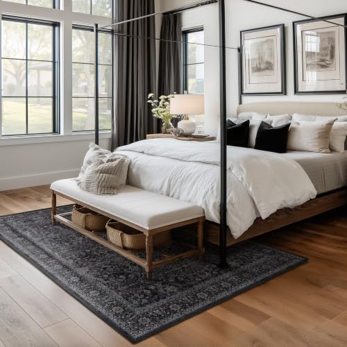Dark Area Rug 6x9, Vintage Earth Tone Rugs for Living Room Bedroom, Washable Non Slip Low Pile Thin Carpet Rug for Dining Room Guest Room Home Office, Farmhouse Distressed Midnight - Image 4
