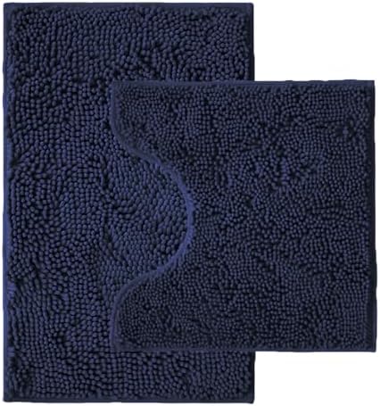 Bathroom Rugs Sets 2 Piece,Super Absorbent Chenille Bath Mats and U-Shaped Toilet Rug,Strong PVC Non Slip Backing,Microfiber Washable Dry Quickly Bath Mats for Bathroom(20"x32"+20"x20"U,Navy Blue) by Unknown