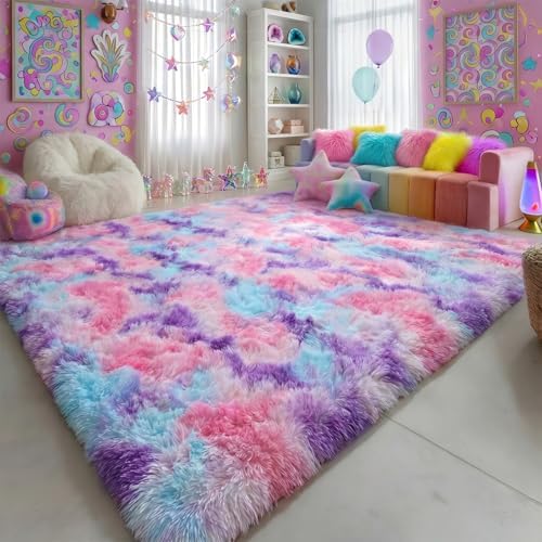 Amdrebio Pink Blue Purple Big Shaggy Rug 6x9 for Living Room Girls Bedroom by Amdrebio