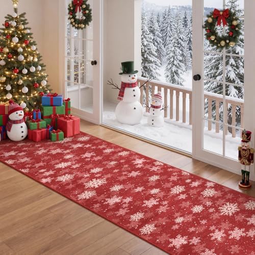 2x10 Runner Rugs for Living Room, Long Washable Christmas Hallway Rugs, Non-Slip Snowflake Bathroom Rug Runner, Soft Red and White Christmas Decor Indoor(2'x10', Red/White) - Image 4
