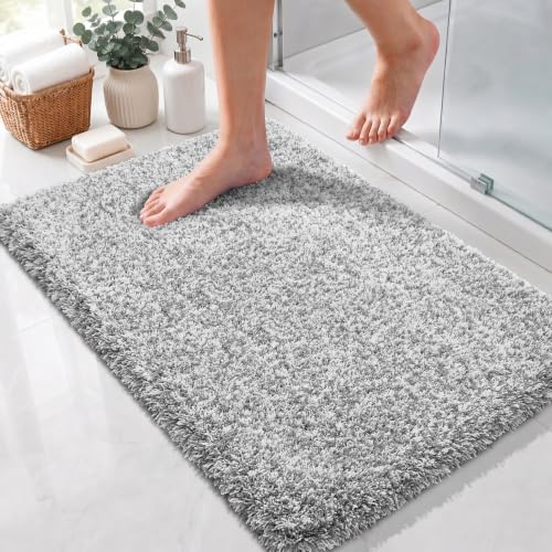 Yimobra Bathroom Rugs Non Slip Washable 32X20, Ultra Soft and Water Absorbent Bath Mats, Plush Fluffy Shower Mat Outside, Microfiber Thick Matts for Bathroom Floor/Tub, Light Gray and White by Yimobra