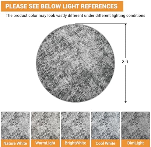 Aelenmu Round Rug 8ft Washable Rug for Dining Room Living Room Black Grey - Image 2