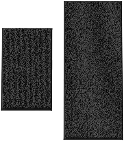 Bathroom Rugs Set 2 Piece Thick Chenille Kitchen Mats,Quick Dry Absorbent Bath Rugs With Non-Slip Pvc Backing,Bath Mats for Bathtub,Bedroom,Living room -Home Decor Large Rugs 60x24+32x20 Inch Black by RUNHELIX