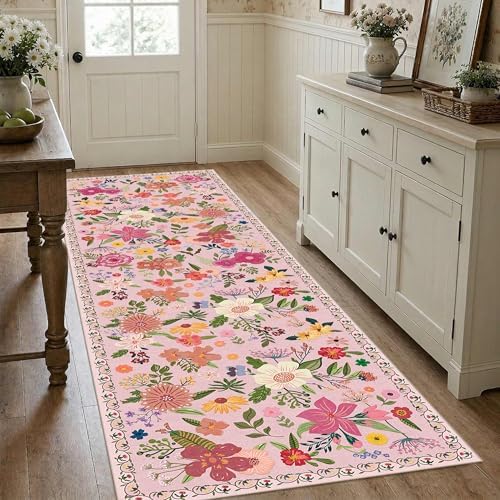 Pink Floral Hallway Kitchen Runner Rug 2'6"x8' Washable Rug - Image 3