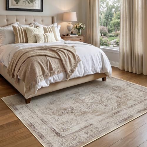 Neutral Oatmeal Living Room Rug 6x9, Washable Non Slip Rug for Dining Room, Low Pile Thin Modern Farmhouse Carpet Rugs for Den Bedrom Home Office, Vintage Distressed Medallion - Image 4