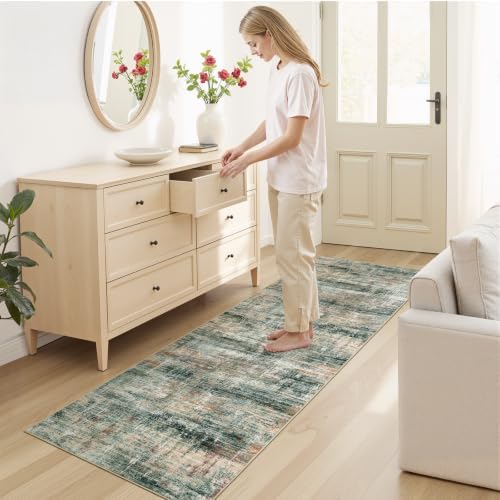 2x 6 Area Rug for Hallways, Abstract Washable Runner Rugs,Coffee/Green - Image 5
