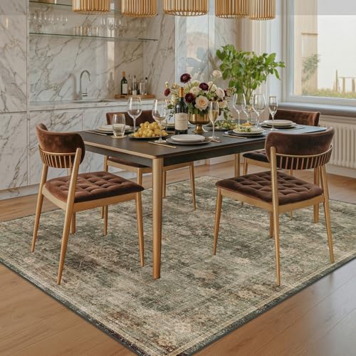 Vintage Olive Green Area Rugs for Living Room, Dining Room Under Table, 5x7 Washable Boho Dark Academia Distressed Geometric Large Rug, Stain Resistant Low Pile Anti-Slip Ultra Soft - Image 3