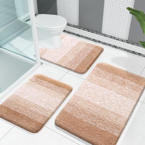 OLANLY Microfiber Bathroom Rugs Sets 3 Piece, Absorbent Bath Mats, Beige by OLANLY