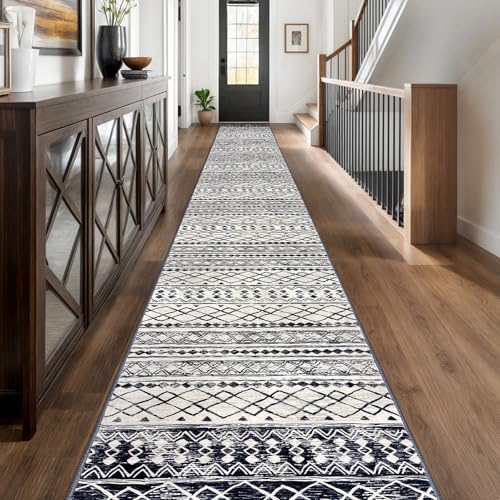 KUTA Extra Long Runners for Hallways 2.6x20ft Washable Black Boho Runners by KUTA